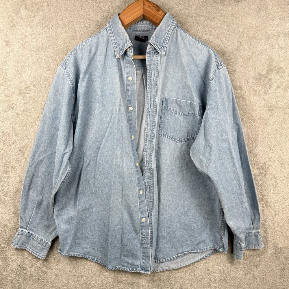 NorthCrest Shirt Mens L 42/44 Light Blue Denim Button Down L/S Cotton Grunge